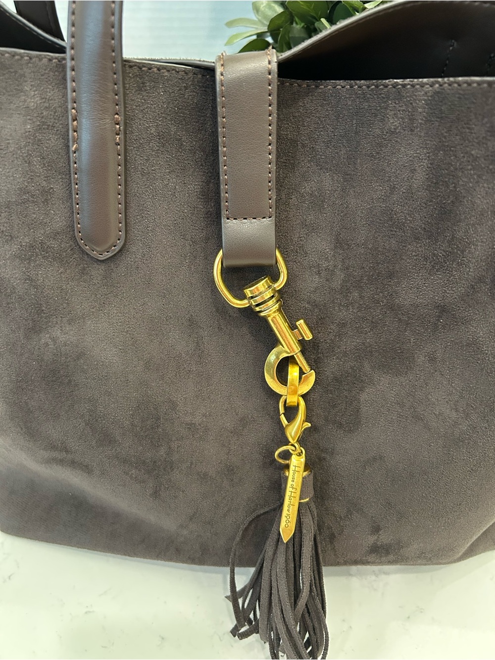 House of Harlow 1960 Dark Brown Faux Suede Tote with Gold Hardware and Tassel